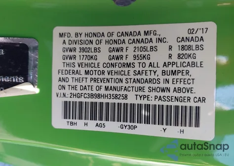 2017 Honda Civic Touring z USA, uszkodzony, nr VIN 2HGFC3B98HH358258